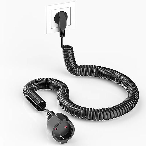 AOUOO Schutzkontakt-Spiralverlängerung, 1,05 m auf 5m dehnbares Spiral-Kabel mit Schutzkontaktwickelstecker & Schutzkontaktkupplung, (230V/16A) PVC Verlängerungskabel, IP20, schwarz