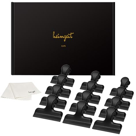 heimzeit Clips para Bolsas de Alimentos, Bolsas y Documentos hechos de Acero Inoxidable, Negro [12 Piezas, 40 x 15 x 15 mm] Pinzas de Colores, Fuerte Fuerza de Resorte