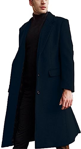 ECDAHICC - Abrigo de lana para hombre, informal, entallado, largo, cuello con muesca, abrigo con solo una fila de botones, abrigo de invierno cálido, azul oscuro, XL