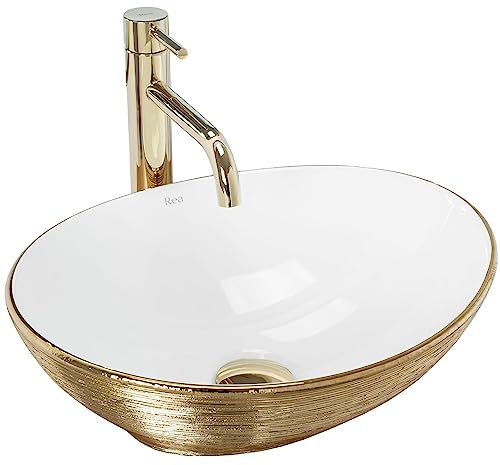 Rea Aufsatzwaschbecken Sofia Brush Gold Waschtisch Handwaschbecken Waschschale Waschbecken für Badezimmer aus hochwertiger Keramik 410 x 345 x 150 mm (Gold/weiß)