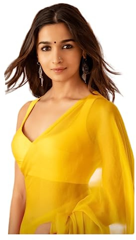 Sidhidata Dam enkel ren Georgette sari med osydd blusstycke (Rocky Aur Rani Ki Prem Kahani Alia Bhatt Saree), Guld, one size