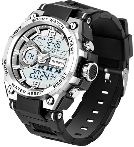 PINIDOUS Herren Uhren Digitale Analoge Sportuhr für Herren,wasserdichte Militär Uhren mit Alarm Licht Stoppuhr Stündlicher Glockenschlag Multifunktions Armbanduhren