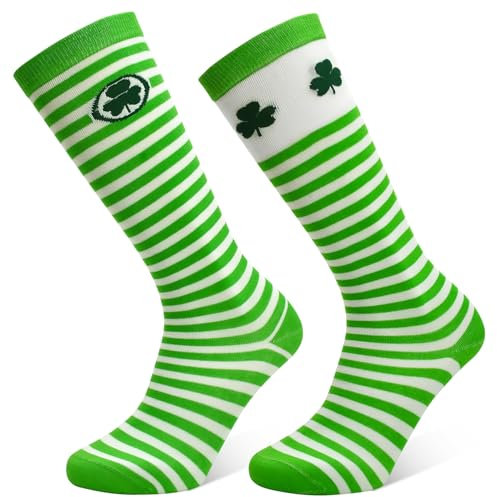 ELUTONG Lot de 2 paires de chaussettes pour la Saint-Patrick en coton Motif trèfle irlandais Vert, Bordure blanche + simple, 5.5-9
