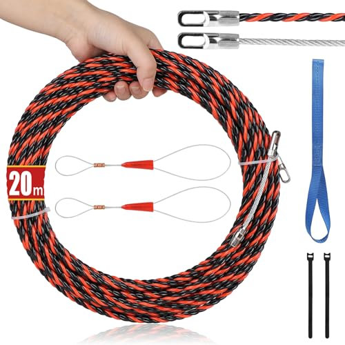EFUTURETIME Guia Pasacables Pared 20m, Cable Puller 6mm con 2 Muelle de Guía, 3 Cintas de Amarre, Enhebrador de Alambre Electrico para Instalación y Desinstalación de Cables