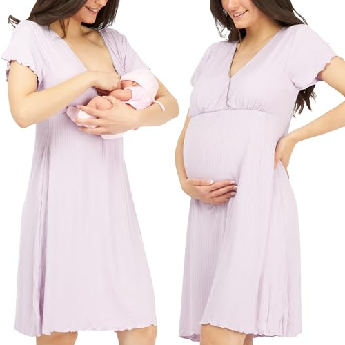 Womum Camicia da Notte Parto Ospedale, Camicia da Notte Premaman, 3 in 1 Allattamento, Ospedale e Gravidanza, Morbida e Transpirante per Il Massimo Comfort (M, Viola)