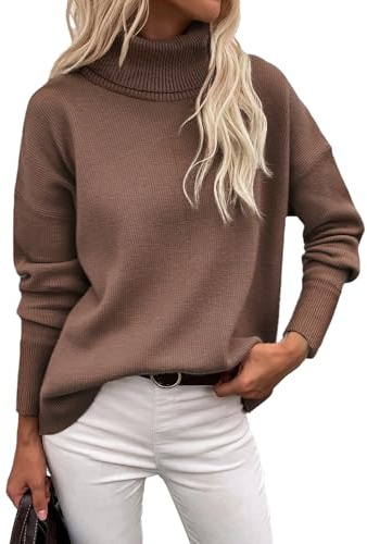 Zeagoo Jersey de Cuello Alto para Mujer Suéter Invierno Otoño Cálido Pullover Largo Elegante Casual Punto Sweater Larga Clásico Sólido Jumper Marrón XL