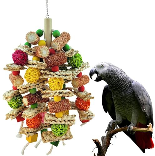 Monsully Juguete masticable para loros, juguete para masticar pájaros, colorido, natural, seguro, bloque de madera, juguete para masticar, guacamayo colgante para loros grises africanos, guacamayos