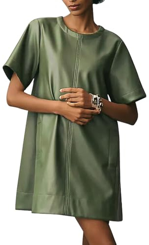 EZAPINE Women Faux Leather Mini Dress Short Sleeve Crew Neck A Line Flowy Swing PU Party Dress with Pockets Green