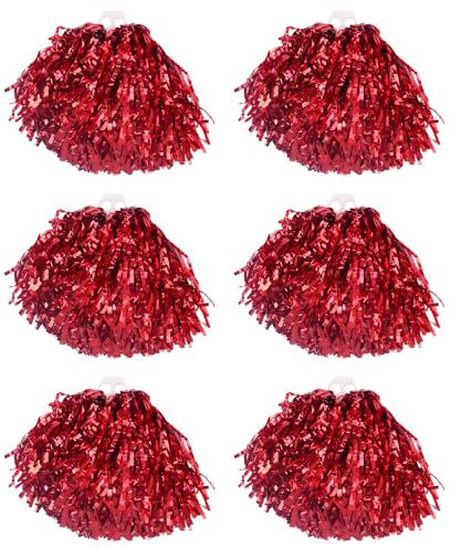 6 PCS Red Metallic Pom Poms , poms,pom poms,Cheerleading,Metallic Foil Cheerleader Pom Poms,Cheerleader Pompoms for Sports Teams, Parties, and Dance Cheer