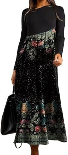 Vestido largo plisado de manga larga con cuello redondo y estampado floral para mujer, elegante, elástico, holgado, estilo bohemio, para otoño e invierno, fiesta, noche, verde, S