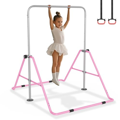FIVMEN Barre de gymnastique d'intérieur - Réglable en hauteur - Avec 2 anneaux de gymnastique - Pliable - Pour entraînement de gymnastique - Rose