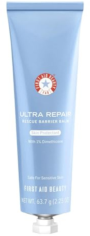 First Aid Beauty – Bálsamo barrera Ultra Repair con 1% dimeticona, hidratación intensa y alivio 24 h para piel seca, agrietada o irritada, seguro para piel sensible, 63,7 g