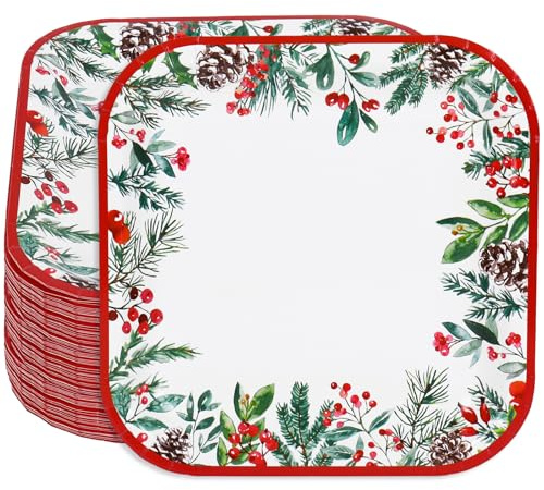 JarThenaAMCS 50Pcs Christmas Paper Plates Pine Cone Berries Disposable Plates Red Green Xmas Square Dinner Dessert Plate for Winter Birthday Baby Shower, 9 Inch