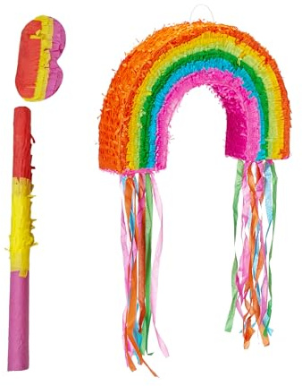 Relaxdays Piñata Arc-en-Ciel avec bâton et Masque pour Enfants, Anniversaire, à remplir, 35 x 53 x 9 cm, colorée
