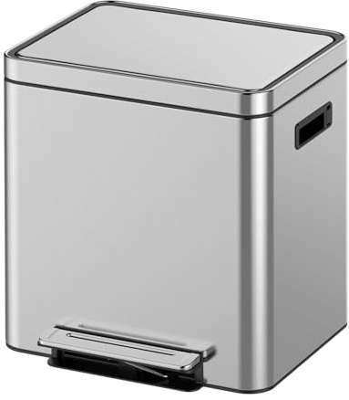 MilleLoom Dual Compartment Trash Can - 2 X 4 Gal (2 x 15L) Stainless Steel Trash Can, Double Sorting Bin with Soft Close Lids, Removable Inner Bucket, Step-on Recycling for Kitchen Home Office