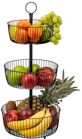 eluno 3-stöckige runde Obstetagere/Brotkorb, dekorative Etagere, moderne Obstschale, Obstkorb aus schwarzem Metall, Platz für Lagerung von Obst, Gemüse, Brot und Snacks in Küche und Wohnzimmer