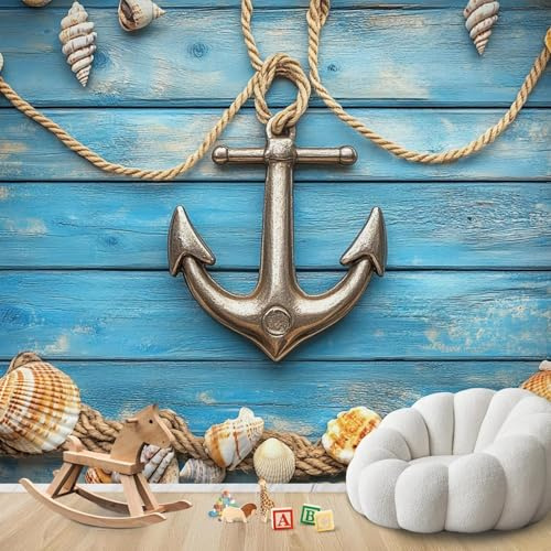 Fotomural - papel tapiz con motivo de ancla, efecto madera marítima, cuerda y conchas, decoración de pared moderna para sala de estar, dormitorio, habitación infantil, 200cmx140cm Póster - Adhesivo de