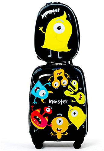 COSTWAY Juego de Mochila y Maleta Infantil, Equipaje de Viaje, con Ruedas, Cabina Trolley para Niños (Flamencos)
