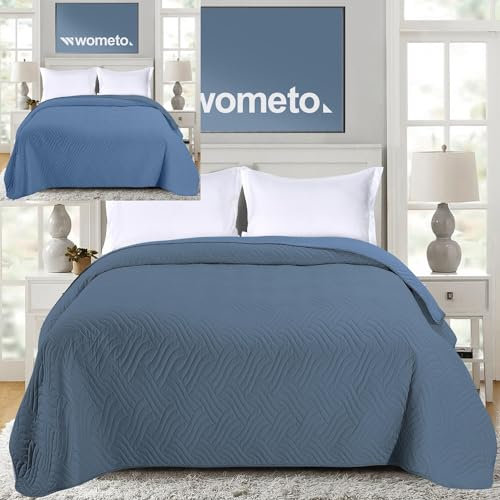 wometo Tagesdecke 220x240 cm OekoTex - Microfaser-Bezug Rauchblau blau wattiert gesteppt Wende-Design XXL Sofa Couch Bett Bettüberwurf