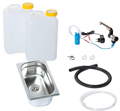 230V Wasseranlage Imbisswagen Verkaufsanhänger Campingküche Bausatz Spüle 265x160x100 + Wasserhahn Barwig Chrom Wasserkanister 19 Liter (ad-ideen)