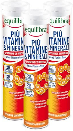 Equilibra Integratori Alimentari, Più Vitamine e Minerali, Integratore Multivitamine con 12 Vitamine e 6 Minerali per Efficienza e Vitalità, Gusto Lemon Lime, 3 Pezzi da 20 Compresse Effervescenti