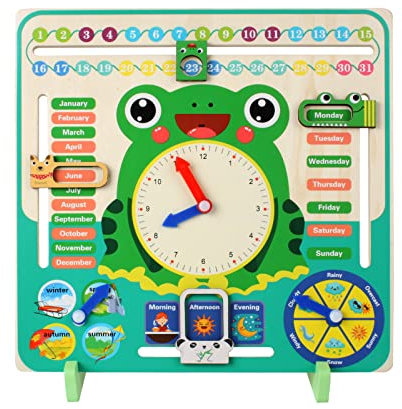 NOOLY Montessori Reloj de Aprendizaje Juguetes Educativos para Niños de 3 Años + Niños Pequeños Aprenden sobre la Hora, la Fecha, la Semana, el Mes, el Clima y la Temporada RZWJ-01