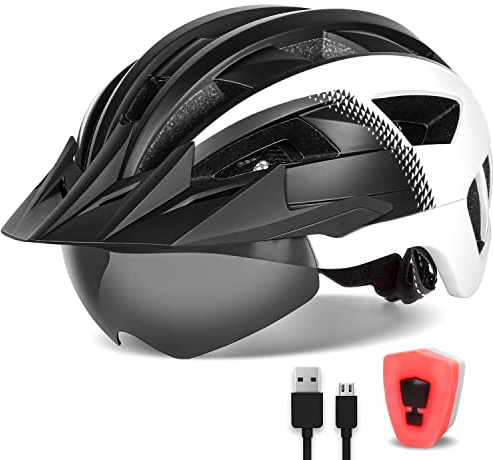 FUNWICT Casco Bicicleta para Ciclismo de Montaña Casco MTB Adulto con Visera y Gafas Desmontables Casco Ciclismo para Hombre Mujer de Tamaño 57-62cm (XL: 59-63 cm, Negro Blanco)