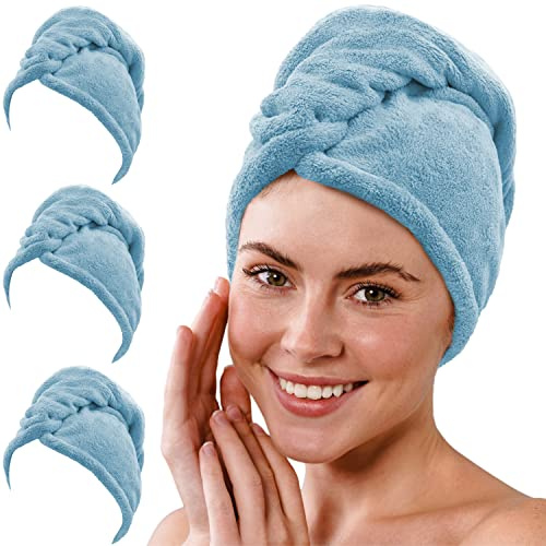 Gräfenstayn 3er-Set Haarturban aus Mikrofaser mit 2 Knöpfen - Turban Handtuch schnelltrocknend & saugstark - Haar-Handtuch Kurze & Lange Haare, Knopf Kopfhandtuch Coralfleece (Hellblau)