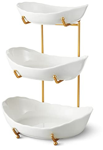 HOMKULA Obstschale für die Arbeitsplatte – 3-stöckige Servierschalen aus Keramik mit Metallständer, gestufter Obstkorb zur Aufbewahrung von Obst und Gemüse, Desserts und Snacks (Gold)