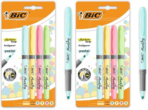 Bic Highlighter Grip Pens with Anti-Drying Technology in 4 Assorted Colors, Water-Based, Pack of 8