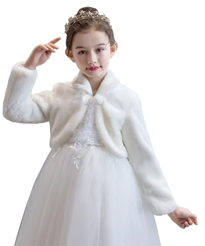 Momooda Cardigan Bambine Ragazze in Pelliccia Sintetica a Maniche Lunghe in Fiore Ragazze Bolero Coprispalle Giacche con Manica Lunga per Matrimonio, 6-8 Anni, Avorio