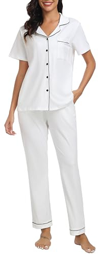 Lovasy Pyjamas for Women Soft Ladies Pyjamas Button Down Pjs for Women Sets Classic Womens Pyjamas Sets Pajamas Loungewear with Pockets,White,S