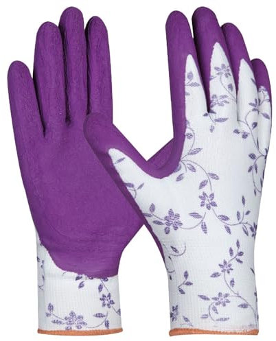 Gebol Flower Lila, 1 Paar Damen Gartenhandschuhe, Arbeitshandschuhe mit Blumenmuster, weiche Latex Beschichtung für guten Grip, für Damen, Gr. XS/6, lila