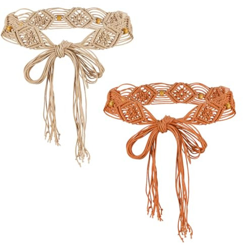 AHANDMAKER 2 Stück Boho-Flechtgürtel Für Damen, Geflochtene Seilgürtel, Fransengürtel, Böhmische Gewebte Taillengürtel Für Kleider, Khaki Und Braun