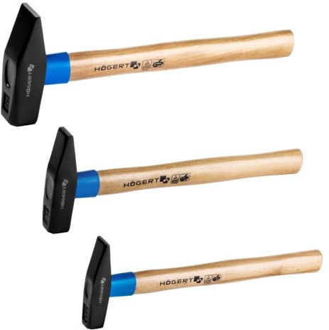 Professioneller Hochleistungs- Schlosserhammer -SET 300g | 500g | 1.000gr. mit Holzgriff aus Esche| C45 Kohlenstoffstahl | Bankhammer-Set | DIN 1041 (Schlosserhammer- SET)