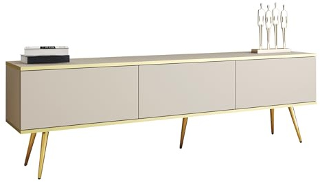 Mirjan24 TV Lowboard Orenate 175 mit Füße, Griffloses Öffnungssystem, 3 Klappe/Tür, TV Board Sideboard, Unterschrank, Fernsehschrank, TV Tisch, Fernsehtisch (Beige/Beige + Gold)
