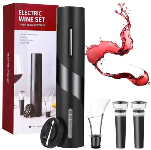 FAOKZE Tire bouchon electrique, ouvre bouteille electrique, Set d'ouvre-bouteille à vin contient un coupe-film, un bec verseur à vin et un bouchon à vide pour le vin, Alimenté Par Pile