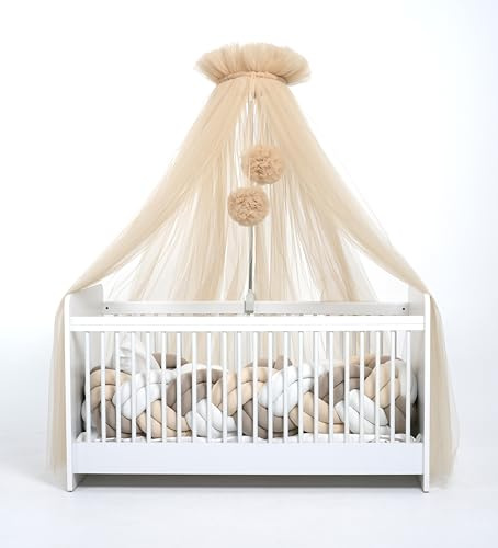 Babybetthimmel aus Tüll, Betthimmel für Babybett, Prinzessin Babywiege, Beistellbett Baby, Moskitonetz, Babyzimmer Deko, Baldachin Kinderzimmer 165cm lang, mit Pompons, Taupe (Nude)