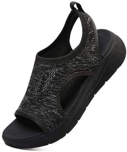 VTASQ Sandales Mode Orthopédiques Femme - Été Bout Ouvert, Plage, Leger Confortable, Respirante Tricot, Sport, Marche - Noir Gris EU 42