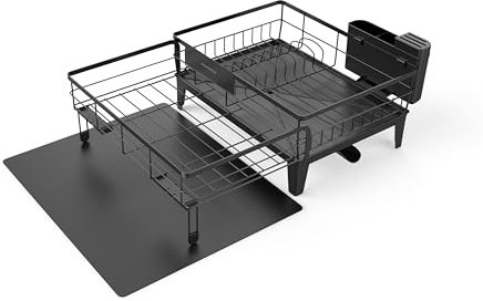 SONGMICS Égouttoir à Vaisselle, Organisateur de Plan de Travail, Bec Rotatif à 360° et Extensible, Bac d’Égouttement, Porte-Couverts, 31-56 x 42 x 20 cm, Noir d'encre KCS552B01
