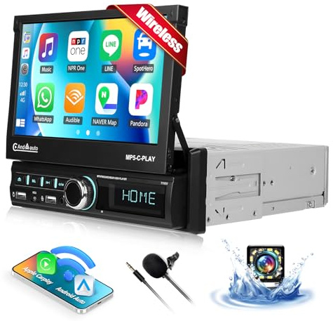 CAMECHO 1 DIN Autoradio con Eléctrico Extensible Pantalla Táctil HD Inalámbrica Carplay, 7 Pulgadas Pantalla Radio Bluetooth con Android Auto FM/RDS Manos Libres Mirror Link SWC +Cámara Trasera