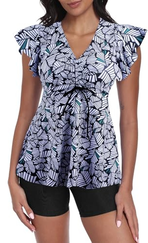 ECUPPER Womens Tankini Swim Dress with Sleeves Modest Two Piece Swimsuits Tummy Control Bathing Suit Floral Printed Swim Tops and Shorts Black Stripe M