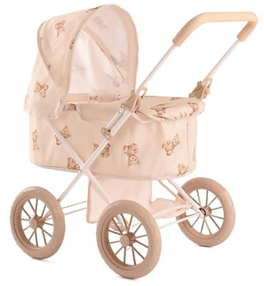 Roma Teddy My First Dolls Pram - Baby Doll Accessories with Teddy Design, Metal Frame, Safety Belt, Fits Dolls Up to 20 Inches, 55cm Handle, Beige, Ages 2+, Sturdy 4-Wheel Design