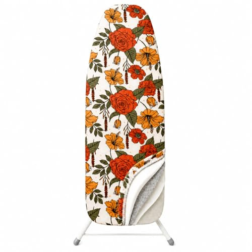 MinoCino Funda para Tabla de Planchar Universal de 115 x 35 cm, Funda Gruesa con Relleno de Fieltro de 6 mm, cordón Ajustable, Tiras de Gancho y Bucle y Estampado Floral