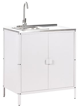 Mobiletto da giardino in acciaio con lavello e 2 ante ripiano in acciaio inox bianco