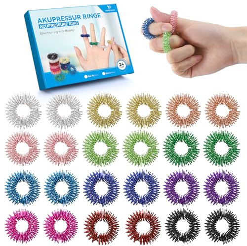 YANGTSUNG 24-Pack Akupressurringar, 27 mm Spikiga Fingerringar för Att Främja Blodcirkulation, Stressavlastning, Massage Fidget Ringar för Tonåringar 14+ och Vuxna (Flerfärgad)