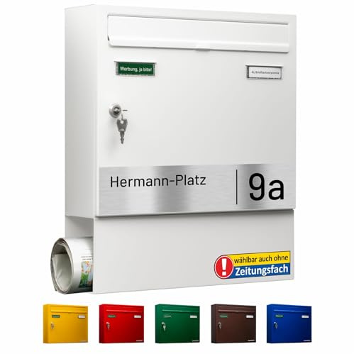AL Briefkasten Systeme Basic-Line 1er Briefkasten personalisiert mit Namen Schild Straße und Hausnummer - Postkasten Weiss modern mit Zeitungsfach - Gravur wetterfest Wandbriefkasten Zaunbriefkasten