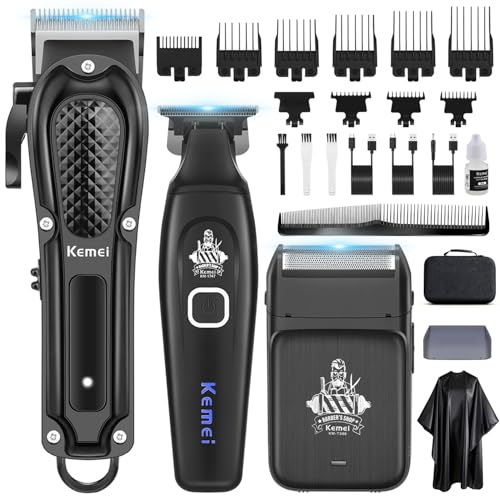KEMEI Cortapelos profesional para hombres, inalámbrico, cortadora de barba, afeitadora de aluminio, carga USB, juego completo de cuidado de corte de pelo eléctrico con 9 peines guía