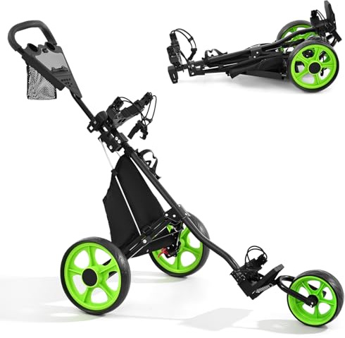 JoyCushy 3 Wheel Golf Push Cart, Foldable Golf Bag Trolley with Foot Brake, Mesh Pocket, Adjustable Handle, Water Bottle Holder with Storage Bag, Scoreboard and Insulated Cooler Bag, Aluminium Alloy