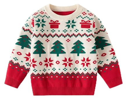 Pilipulu Jersey Navideño Niños, Suéter de Punto con Cuello Redondo para Niño y Niña, Sudaderas Navideñas para Unisex Niños 4 Años, Árbol de Navidad/Blanco